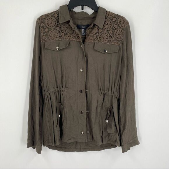 Forever 21 Women’s Button Front Olive Green Lightweight Lace Detail Jacket S - Picture 1 of 3